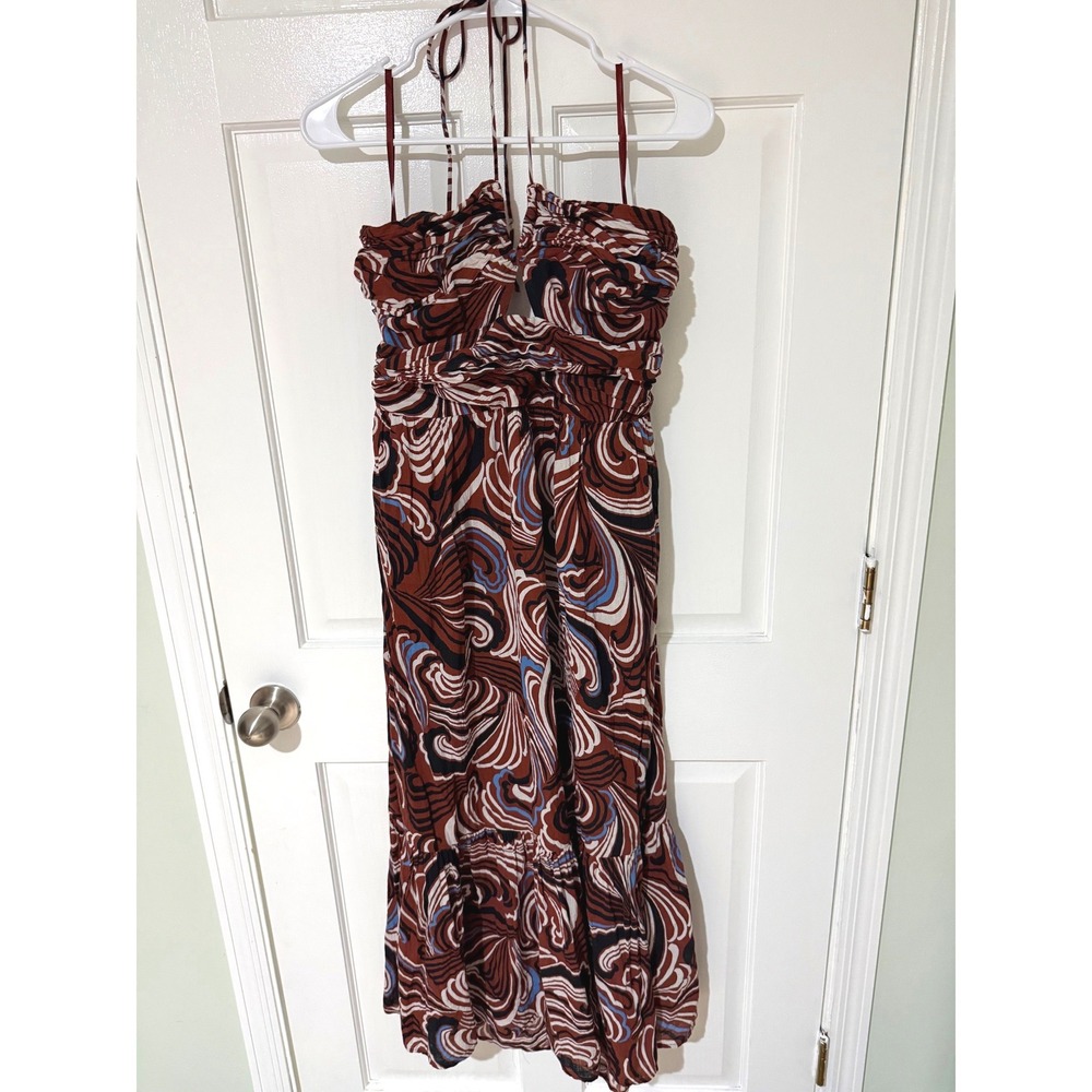 Loft Beach Brown Blue Swirl Abstract Halter Maxi Dress Petite LP Cutout Smocked